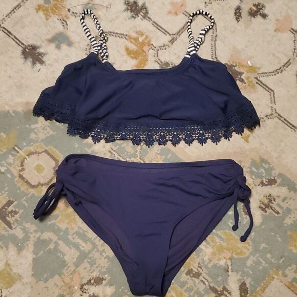 Ann Taylor Womens Blue Scalloped Edge ruffle edge 2pc Bikini Top S & Bottom XS - Picture 5 of 7